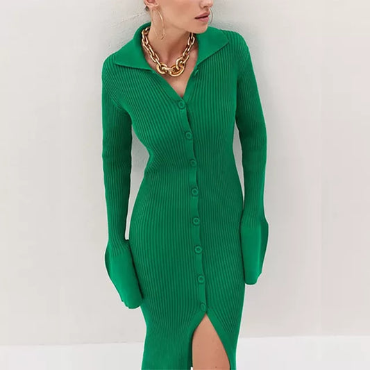 V-neck Midi Knitted Dress Bodycon Button Sweater Dresses